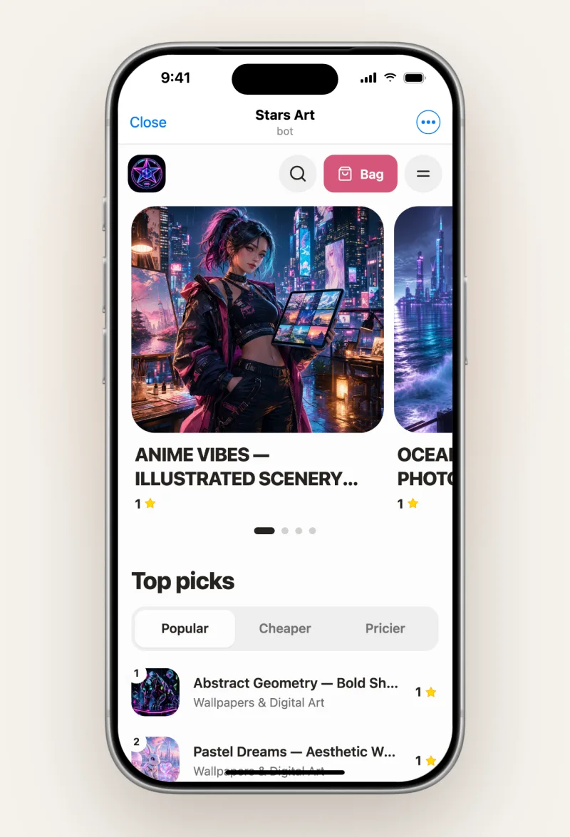 The Market template: a carousel of large cards and a "Top picks" ranking with Popular, Cheaper and Pricier tabs