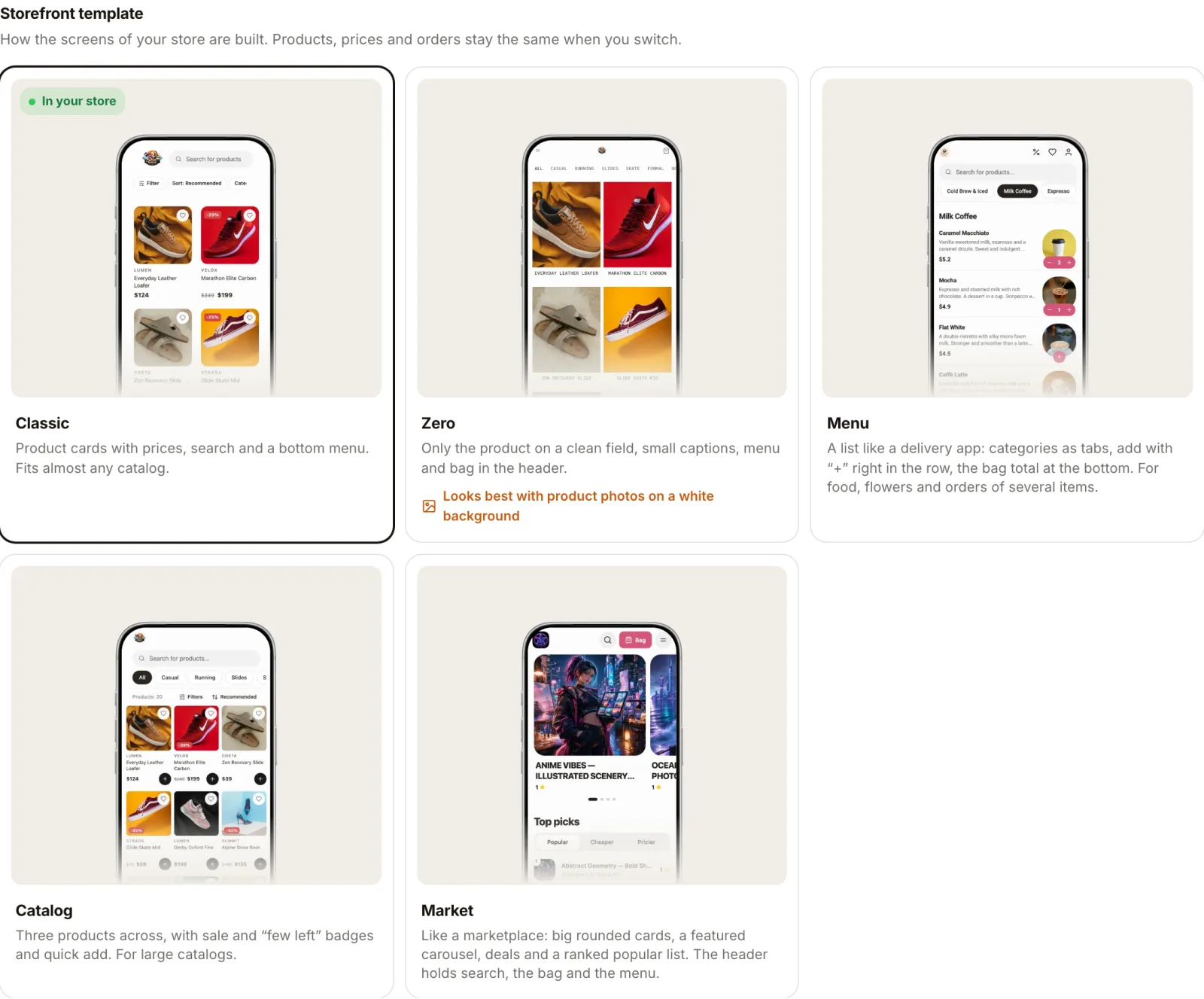 The template picker in the dashboard: five cards with previews, the current one marked "In your store"