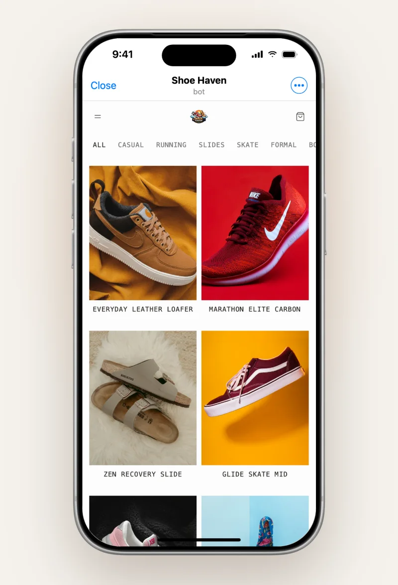 The Zero template: large product photos on a clean field with small monospace captions