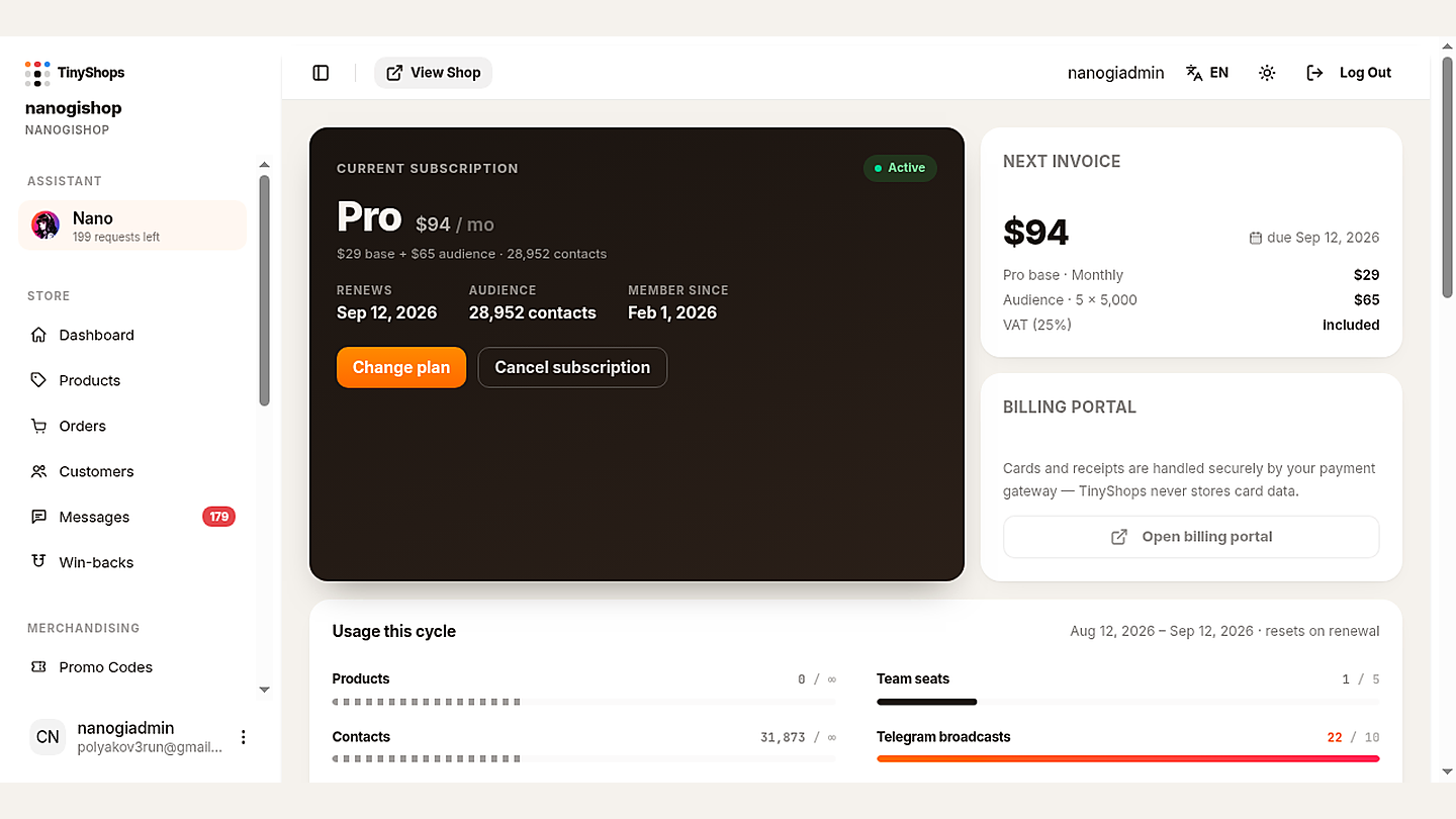 Billing: Pro plan and usage this cycle